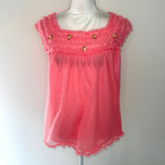 Layered Nightie Top Womens Size Small S Vintage Pure Nylon Ruffle Applique Pink - Picture 7 of 10